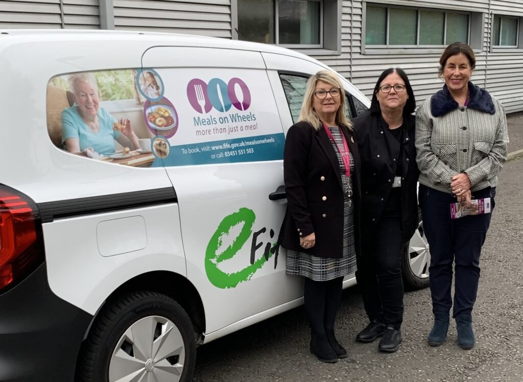 Lynne Garvie, Director of Health & Social Care Partnership, meeting with Karen Lessels, Meals on Wheels Driver, and Stella Stewart, Hospitality Team Manager, at one of their local Meals on Wheels kitchens during the National Association of Care Catering (NACC) National Meals on Wheels Week