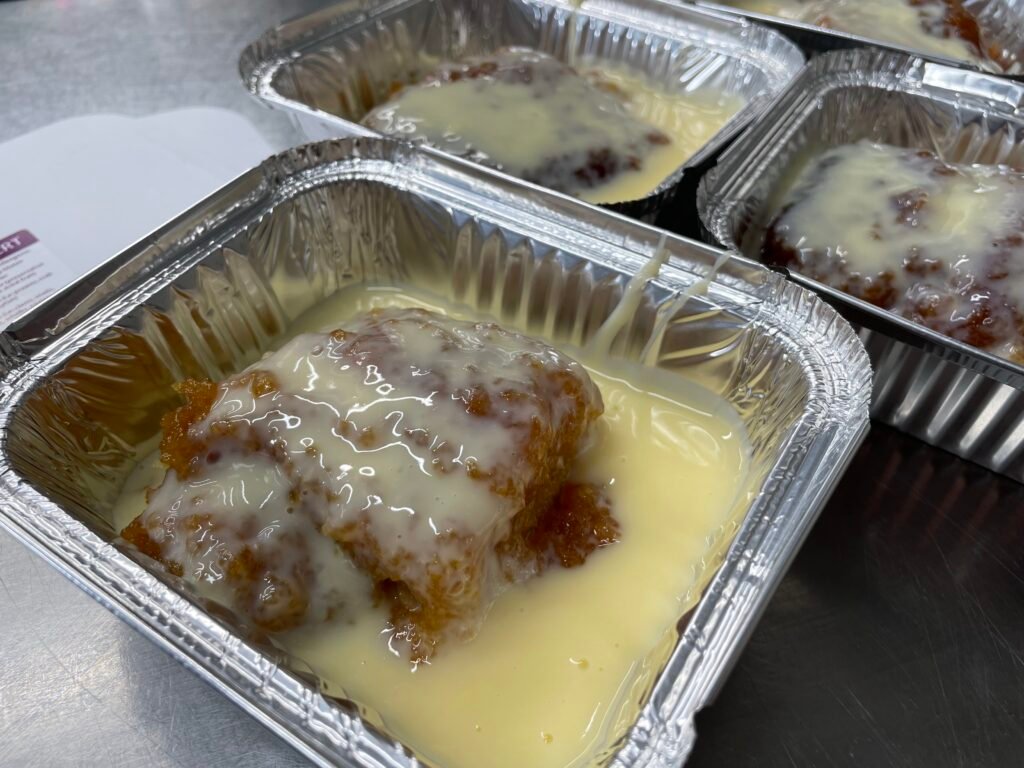 Freshly prepared dessert served with custard